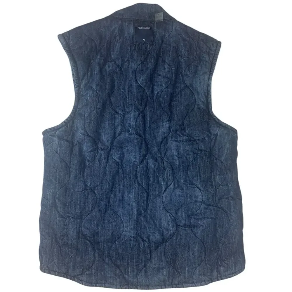 True Religion mens large puffer Indigo Denim Vest reversible logo